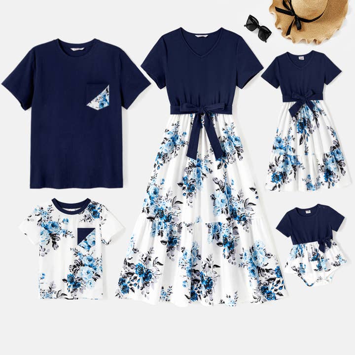 T-shirt blu scuro abbinate alla famiglia e abito con pieghe floreali per la vendita all'ingrosso da parte di PatPat Matching