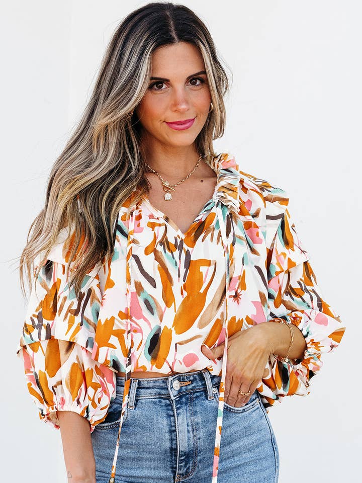 Aurelia Drawstring Frilled V Neck 3/4 Sleeve Blouse for wholesale by Poppy Lee Lane