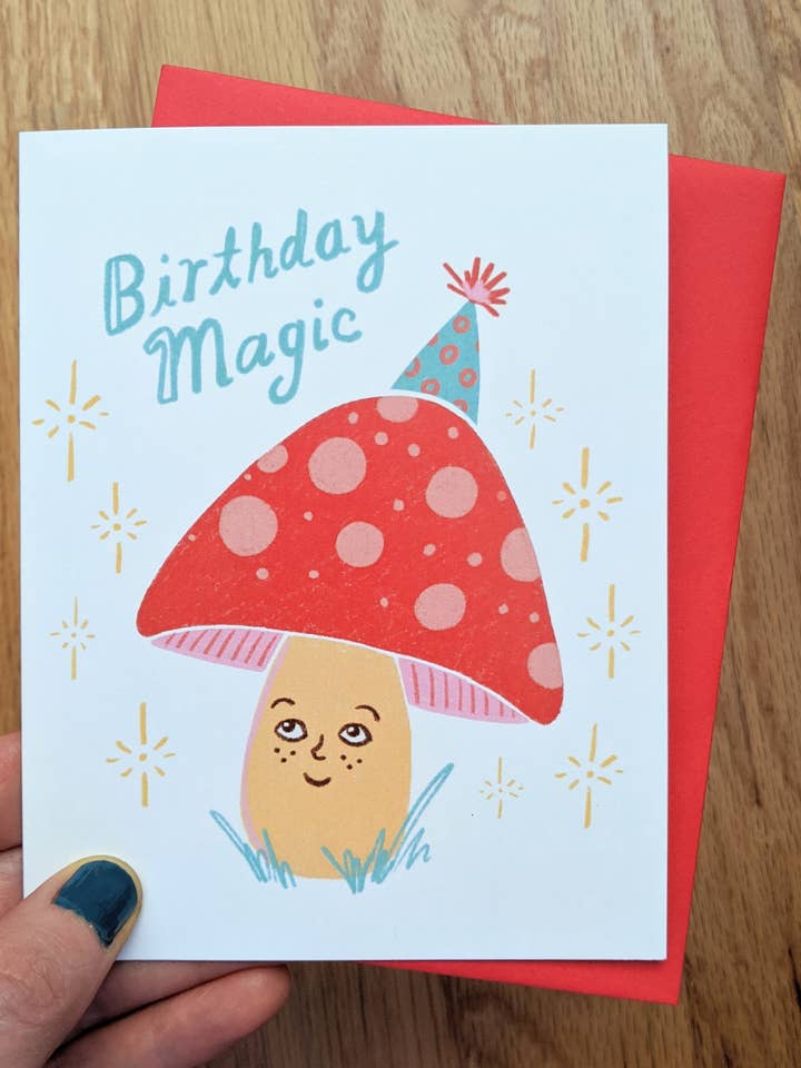Birthday Magic - mushroom greeting card - blank inside for wholesale by Stephanie Brachmann Studios (formerly Rhino Sky Creations)