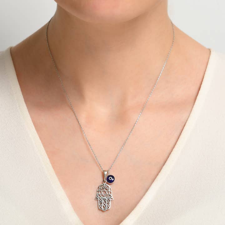 MYSTIC JEWELS – Engroshandel Halskæde med vedhæng – Sterling sølv 925 hamsa halskæde med 7 mm ondt øje vedhæng5