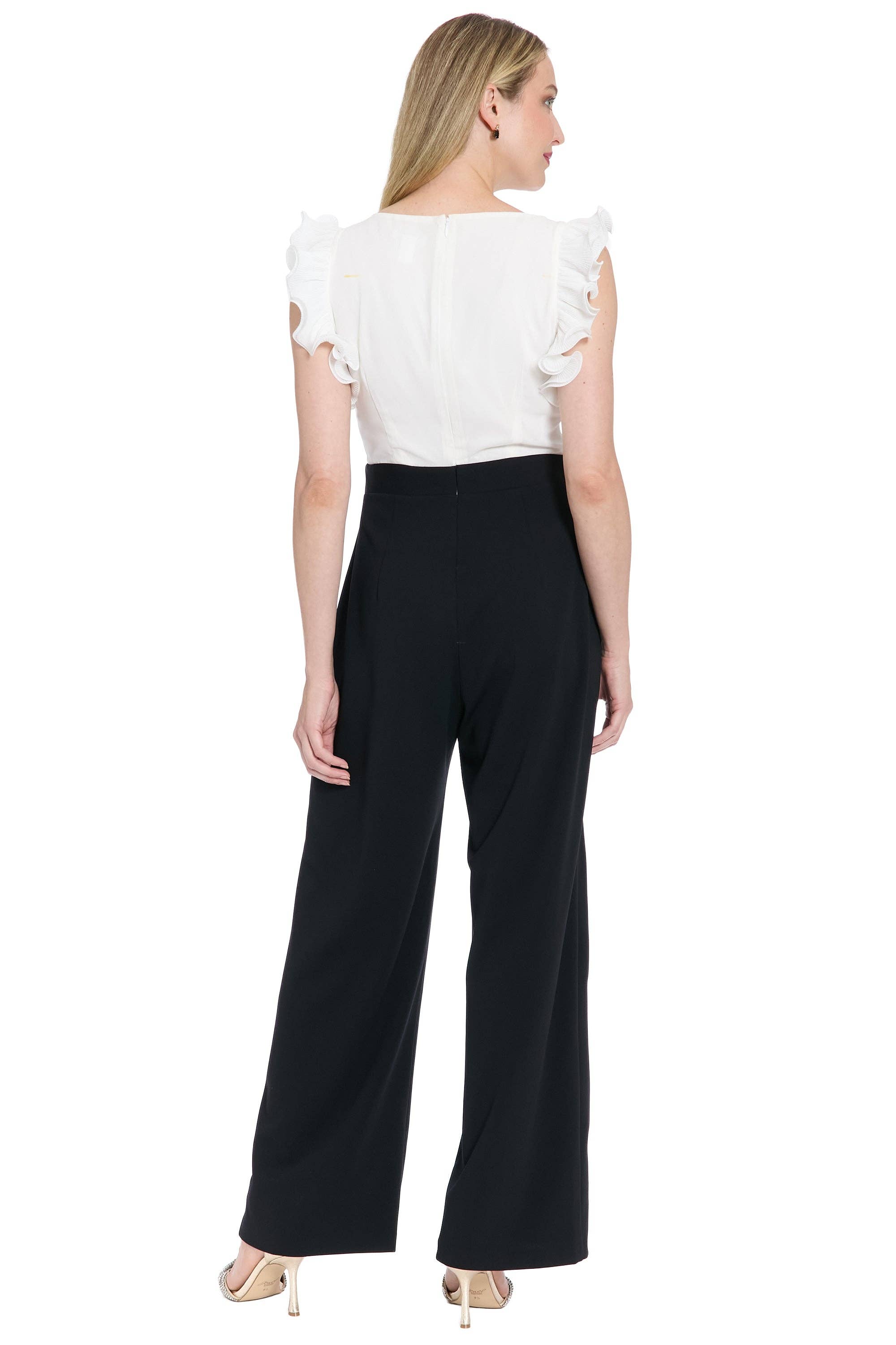 Maggy London Group - Wholesale Jumpsuit - Women's - PLEATED RUFFLE SLV MIXED MEDIA JUMPSUIT WITH BUTTON TABS6
