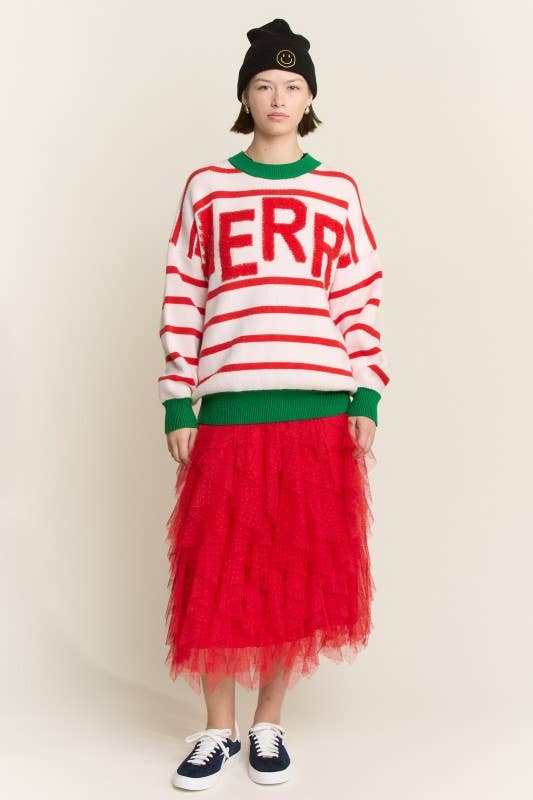 WHITE RED PLUS SIZE STRIPED CHRISTMAS MERRY SWEATER for wholesale on Faire2