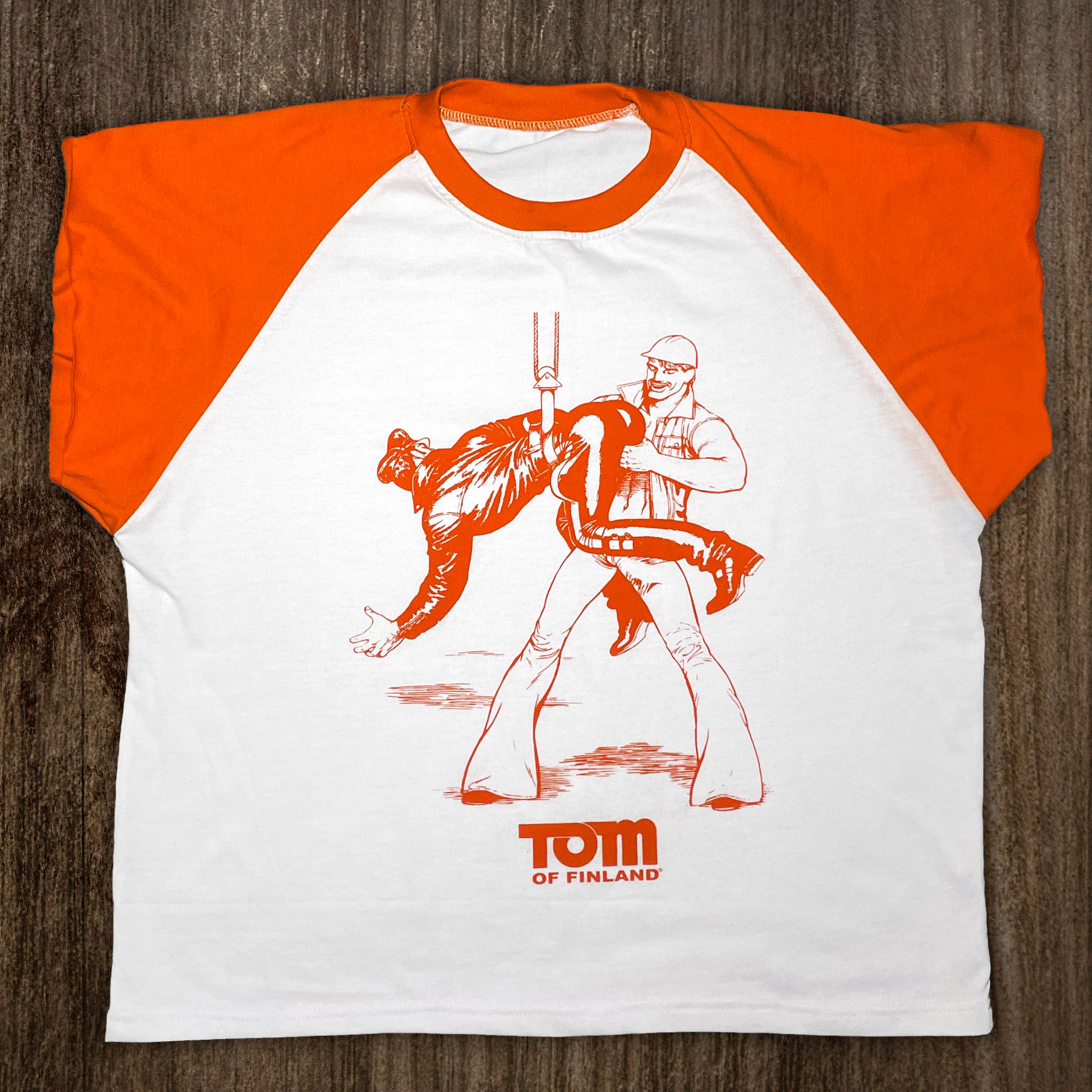 Peachy Kings / Kweer Cards - Wholesale Screen Printed T-Shirt - Men's - Tom of Finland "HOOK-UP" T-shirt (Raglan, ringer)0