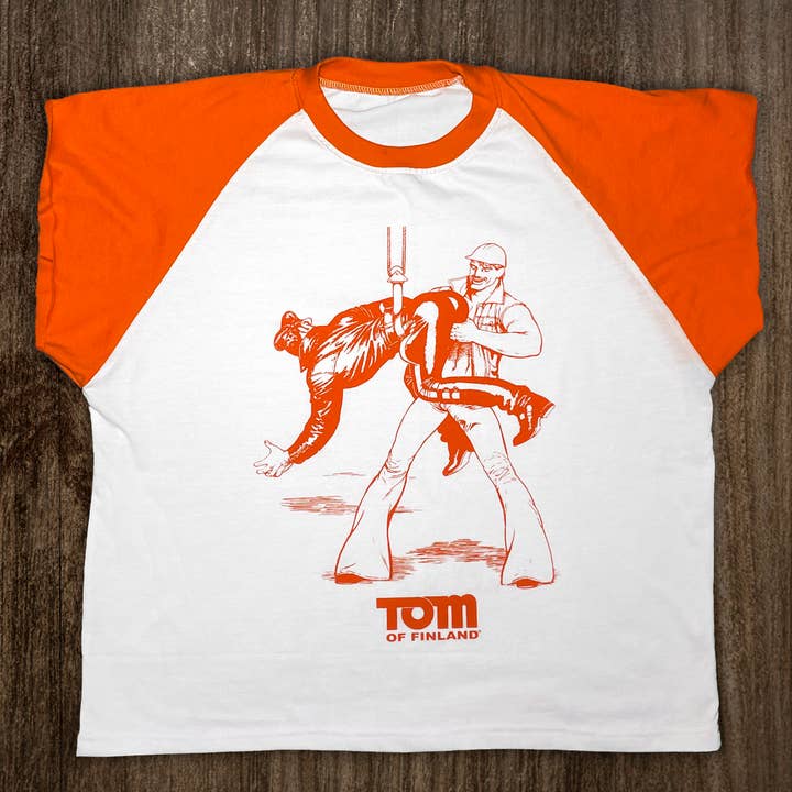 Peachy Kings / Kweer Cards - Wholesale Screen Printed T-Shirt - Men's - Tom of Finland "HOOK-UP" T-shirt (Raglan, ringer)0