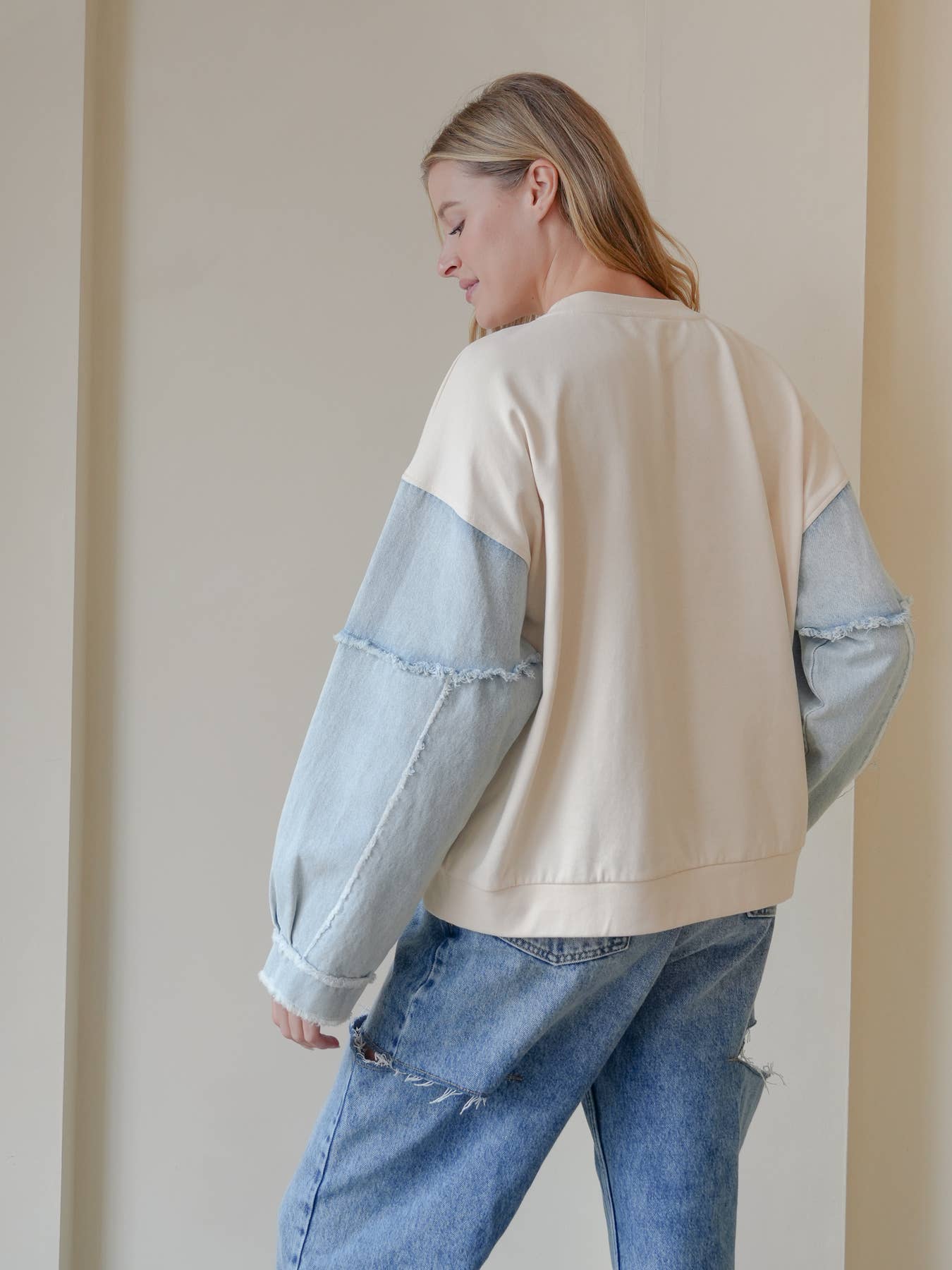 TRENDILITY - Wholesale Sweatshirt - Women's - TR2027-04_Mineral Washed Denim Bow Sweatshirt Top5