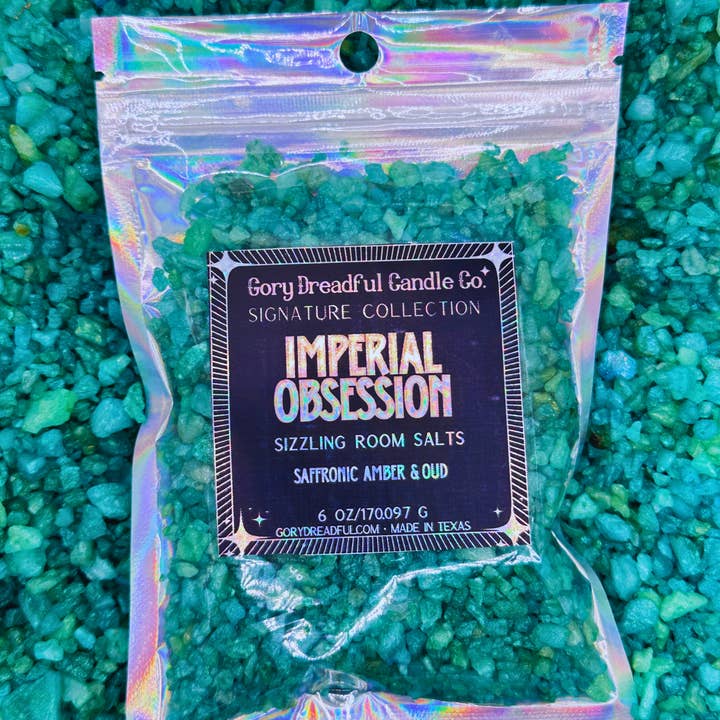 IMPERIAL OBSESSION Sizzling Room Salt Crystal Potpourri: Saffronic Amber & Oud Scent for wholesale by Gory Dreadful Candle Co