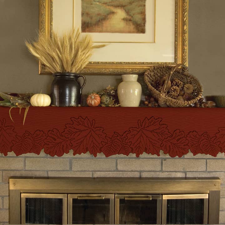 Leaf 20x60 Dark Paprika Lace Mantle Table Runner for wholesale by Heritage Lace