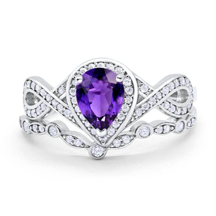 Teardrop Piece Art Deco Wedding Ring Simulated Amethyst CZ for wholesale by Blue Apple Imports