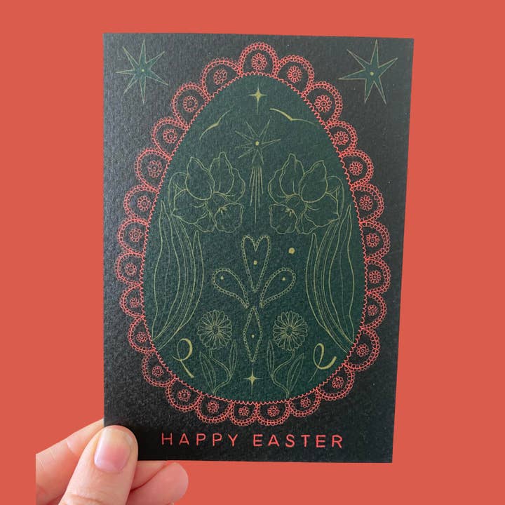 Joyeuses Pâques - Carte de Pâques d'inspiration folklorique avec des jonquilles pour la vente par Piece of the Peach