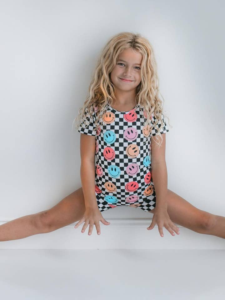 Oopsie Daisy - Wholesale Leotard - Kids - Kids Retro Smiley Face Checkered Dance Gymnastics Leotard