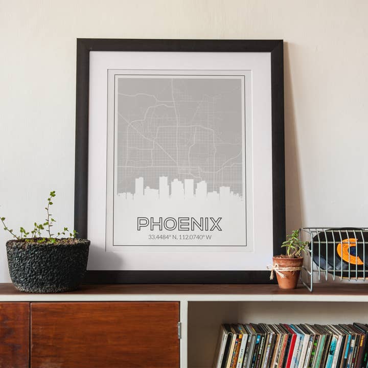 Phoenix Arizona map, skyline and city coordinates art print for wholesale by Paperfinch Design