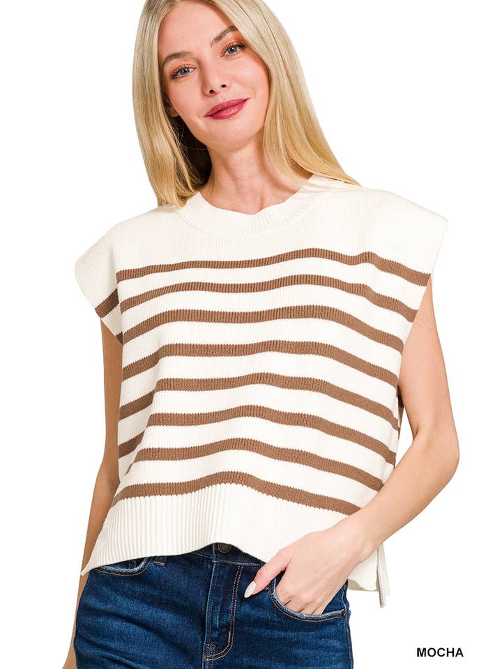 42POPS - Wholesale Outerwear Vest - Women's - ',,.._ Oversized Crew Neck Stripe Sweater Vest2