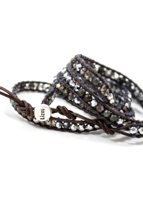 LIZOU - Wholesale Beaded Bracelet - Owl - Pyrite and Mirror Dipped Crystal Mix Leather Wrap2