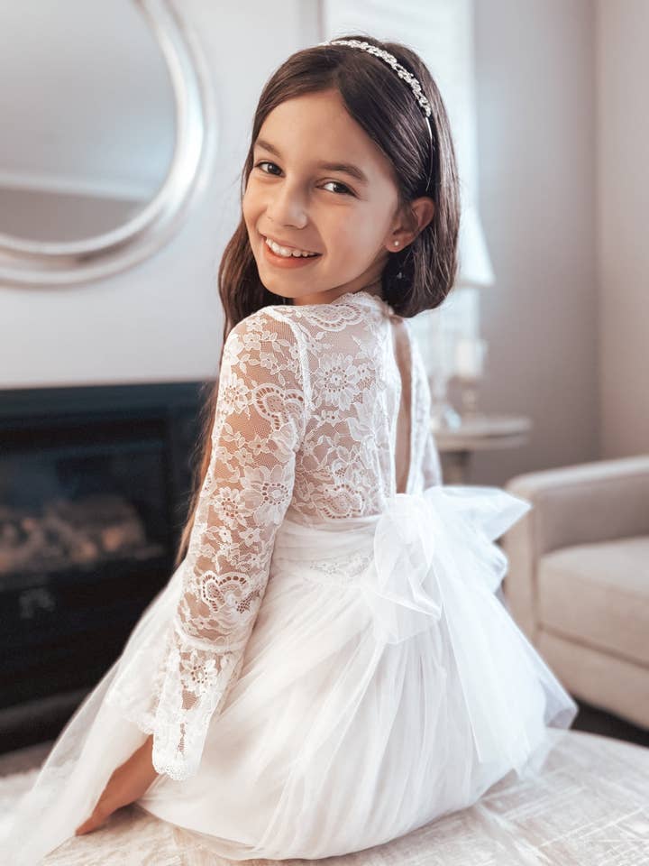A Little Lacey - Wholesale Dress - Kids - Melody Long Sleeve Girls White Dress