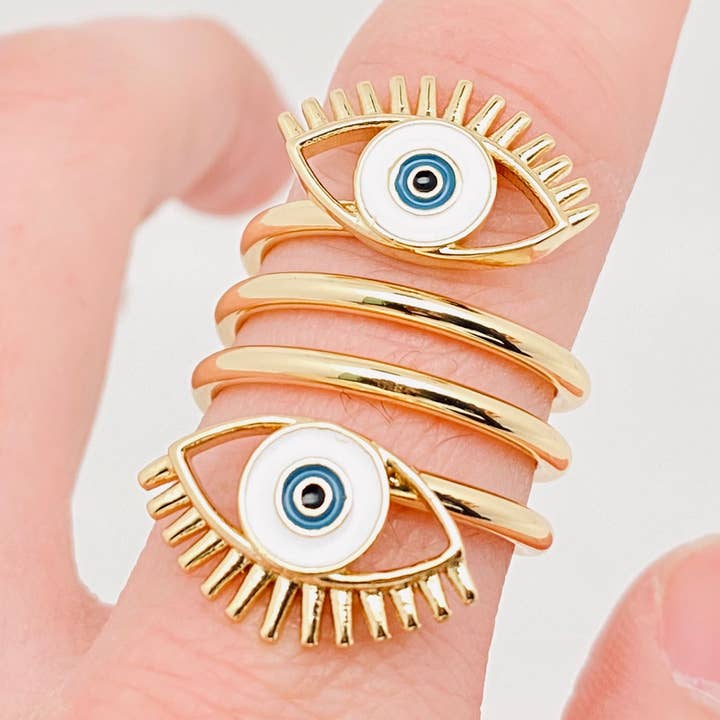 Enamel Devil's Eye Spiral Adjustable Ring for wholesale by Mio Queena