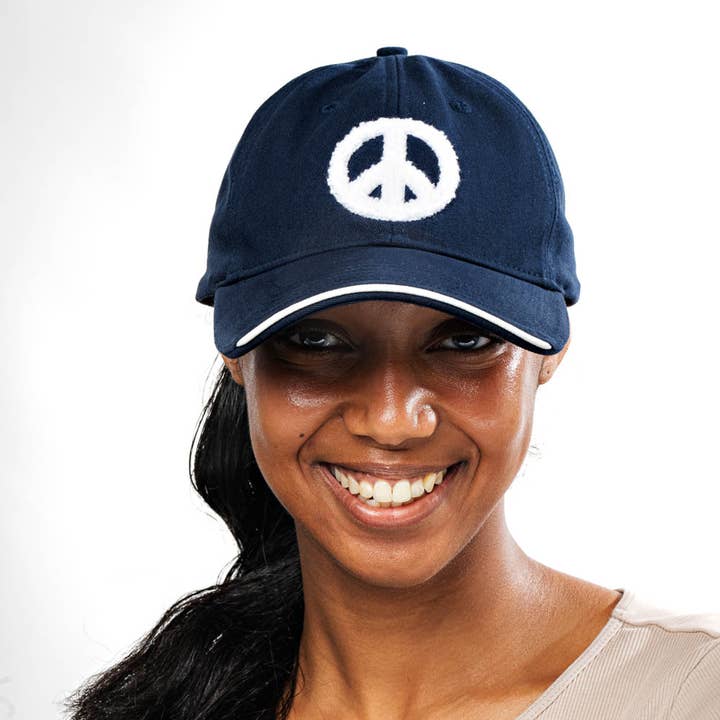 PEACE Logo Baseball Hat – Navy, 100% Organic Cotton for wholesale by Peace Love and Giggles