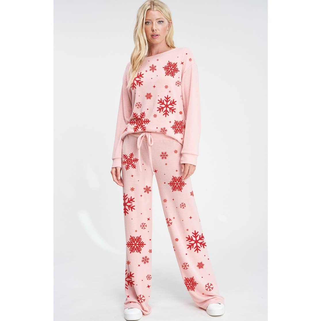 Phil Love - Vendita all'ingrosso Completo top e pantaloni (NON loungewear) - Donna - Set di abbigliamento da salotto in morbida spazzola Snowflake Allover2