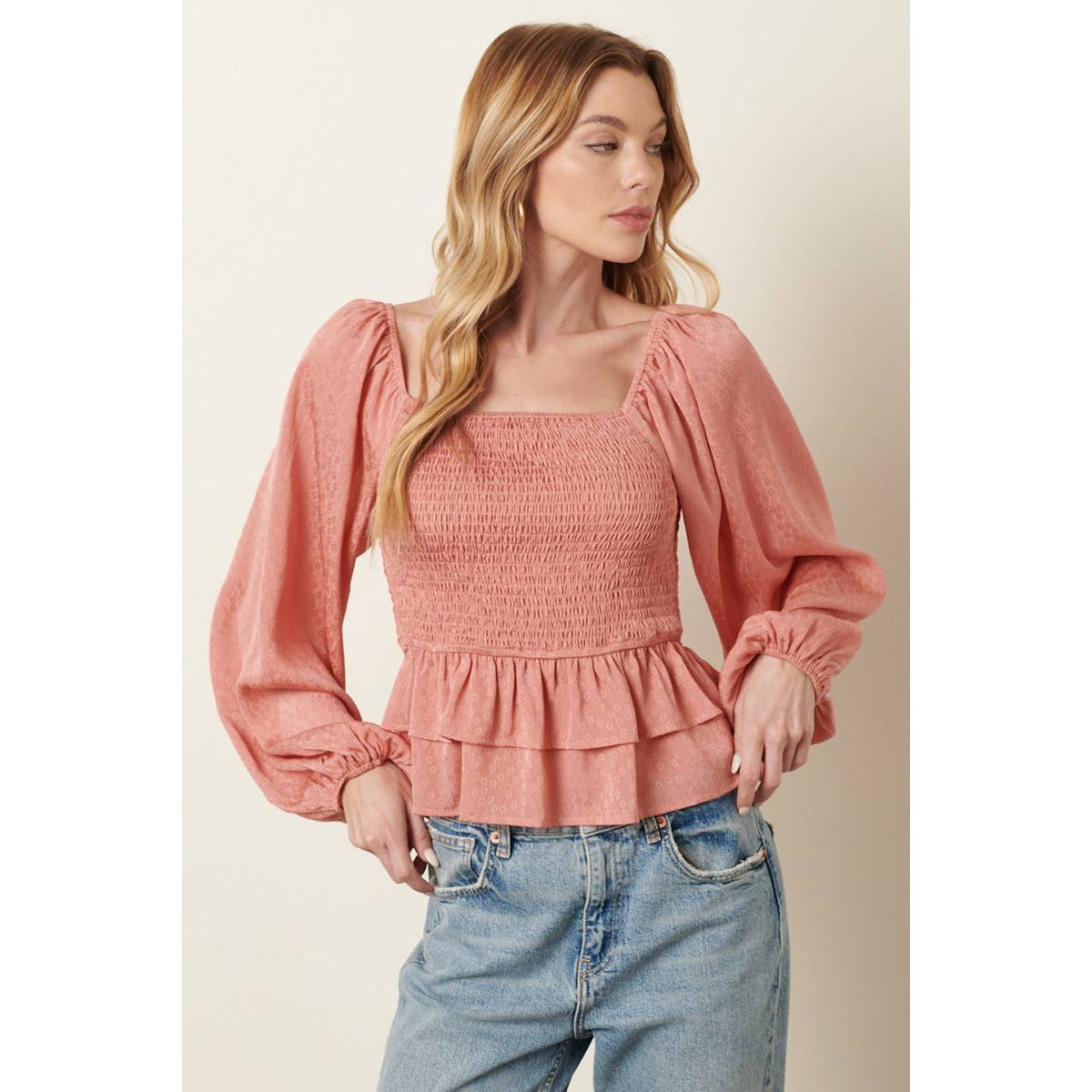 mittoshop - Wholesale Blouse - Women's - H14432A-FLOWER JACQUARD SMOCKING BODICE BLOUSE0