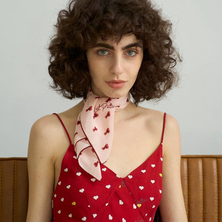 Pale Pink "Twin Hearts" Silk Crepe Bandana for wholesale on Faire