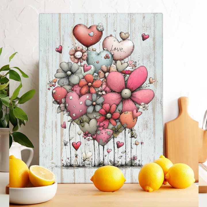 Valentine Whimsical Hearts Flower Glass Cutting Board Trivet for wholesale by Avery Lane Gifts