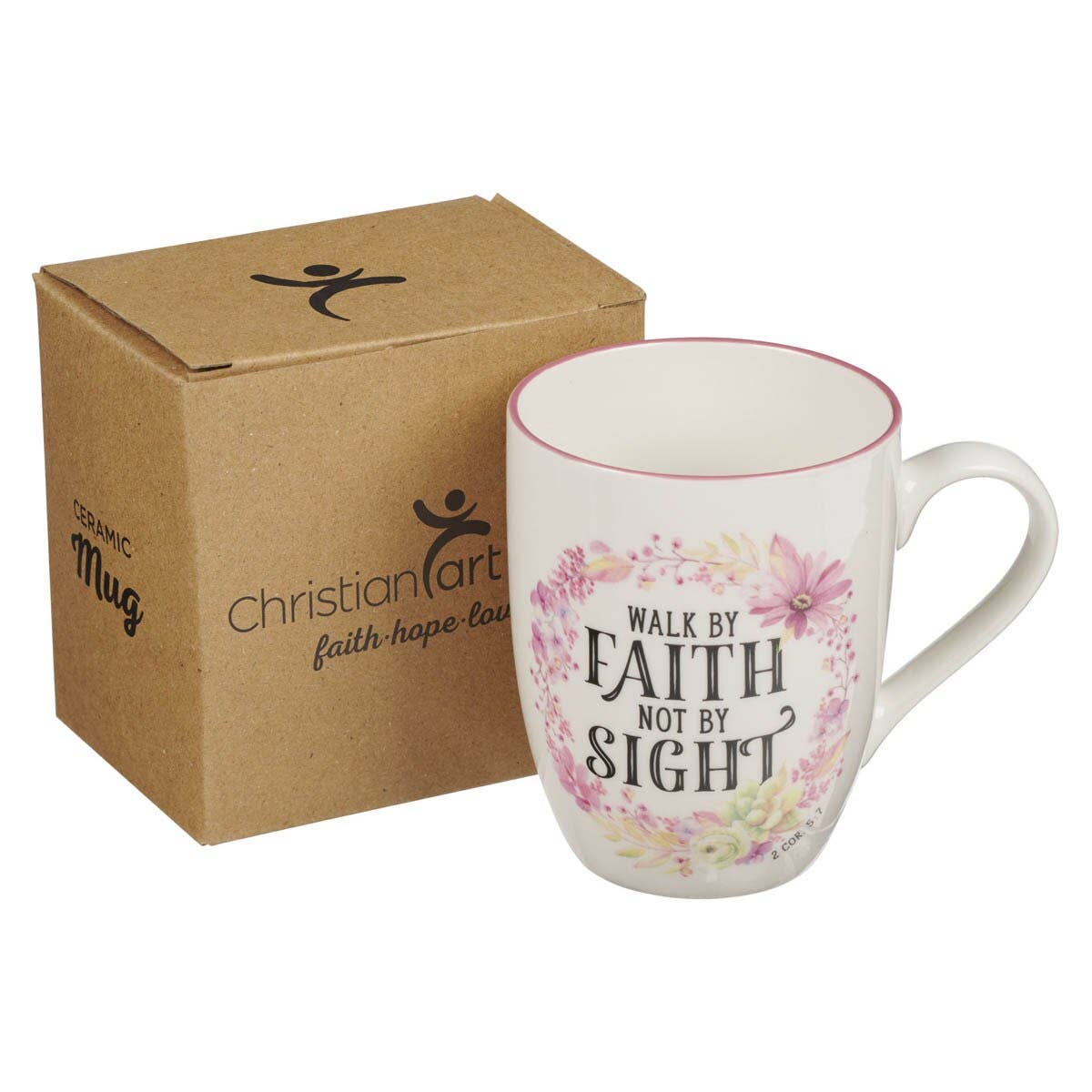 Christian Art Gifts - Wholesale Coffee Mug - Mug Pink Wreath Walk by Faith 2 Cor. 5:71