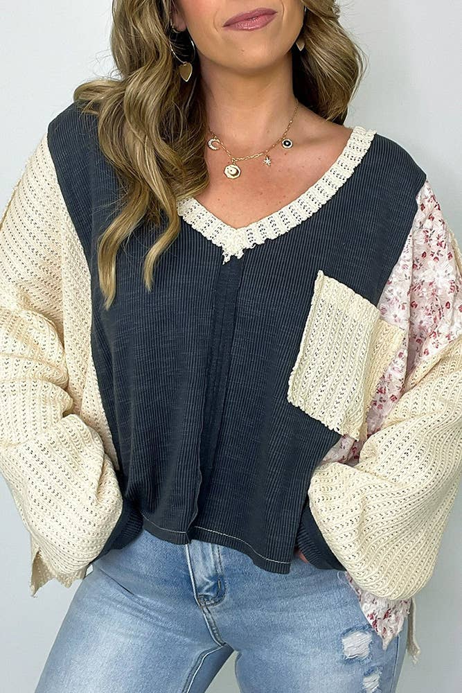 UNISHE - Wholesale Blouse - Women's - Floral Waffle Knit Color Block Pullover Top CY1630