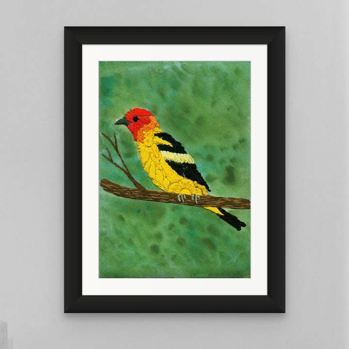 Fine art print of Western Tanager bird embroidery for wholesale by Biobroidery