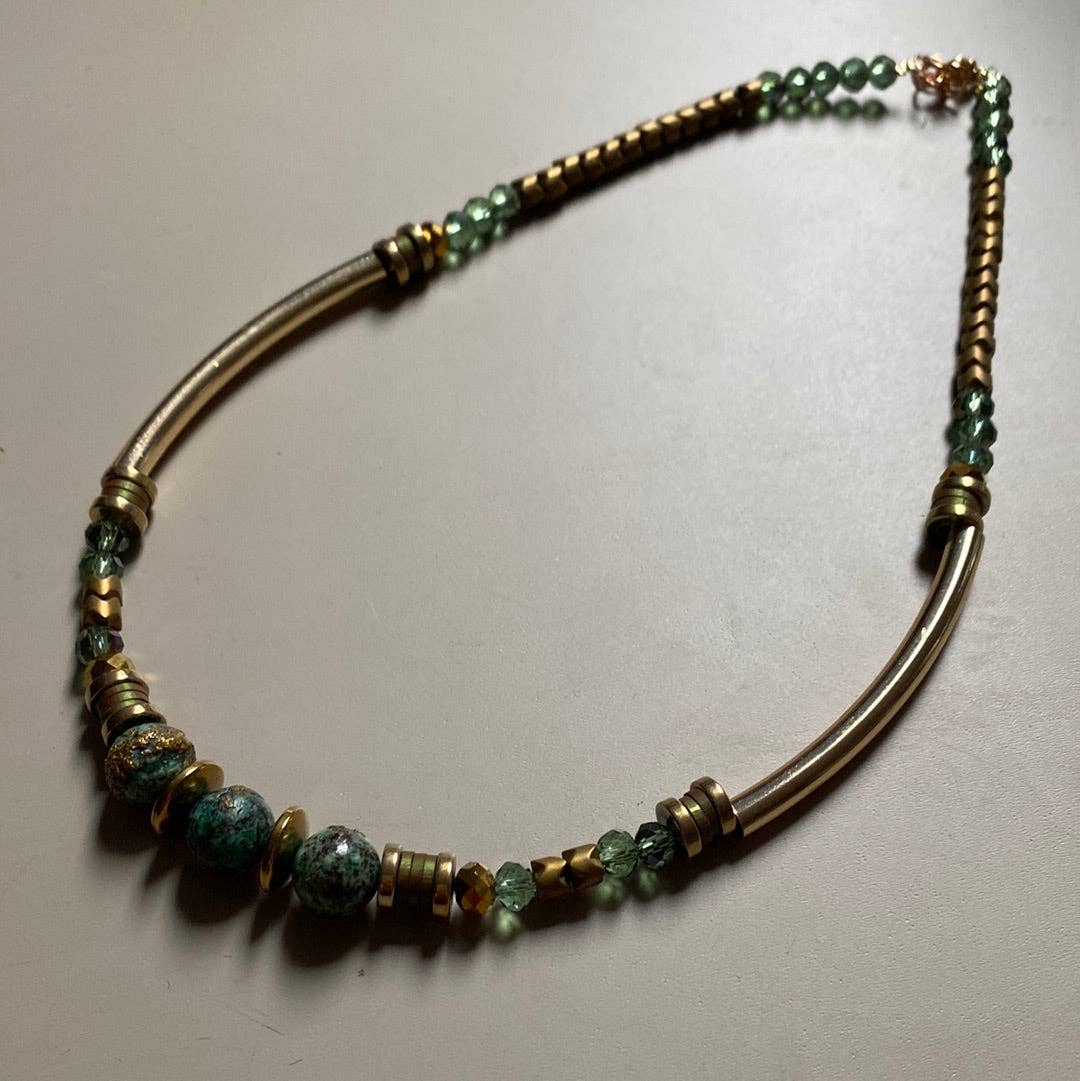 Gist Jewellery - Wholesale Beaded/Pearl Necklace - MRL16 - Natural Chrysocolla, 24k gold plated brass, Gold plated Hematite, Clay, Glass2