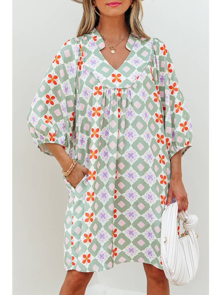 As shown Geometric Floral Print Notched Neck Mini Dress | S-XL for wholesale on Faire