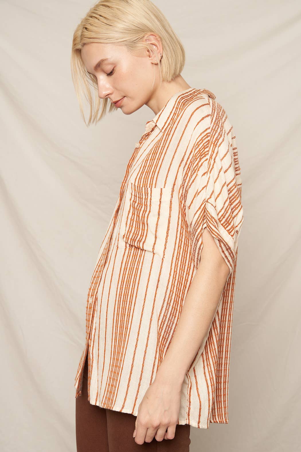 En Crème - Vente Chemise à col boutonné – femme - Haut boutonné rayé à manches courtes12