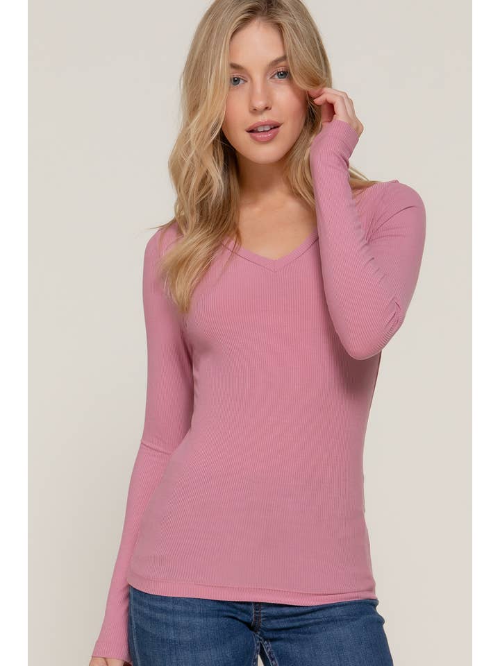 Active Basic | Active USA – Top de malha - Mulher por atacado – Top de malha de manga comprida com decote em V em Rayon 7