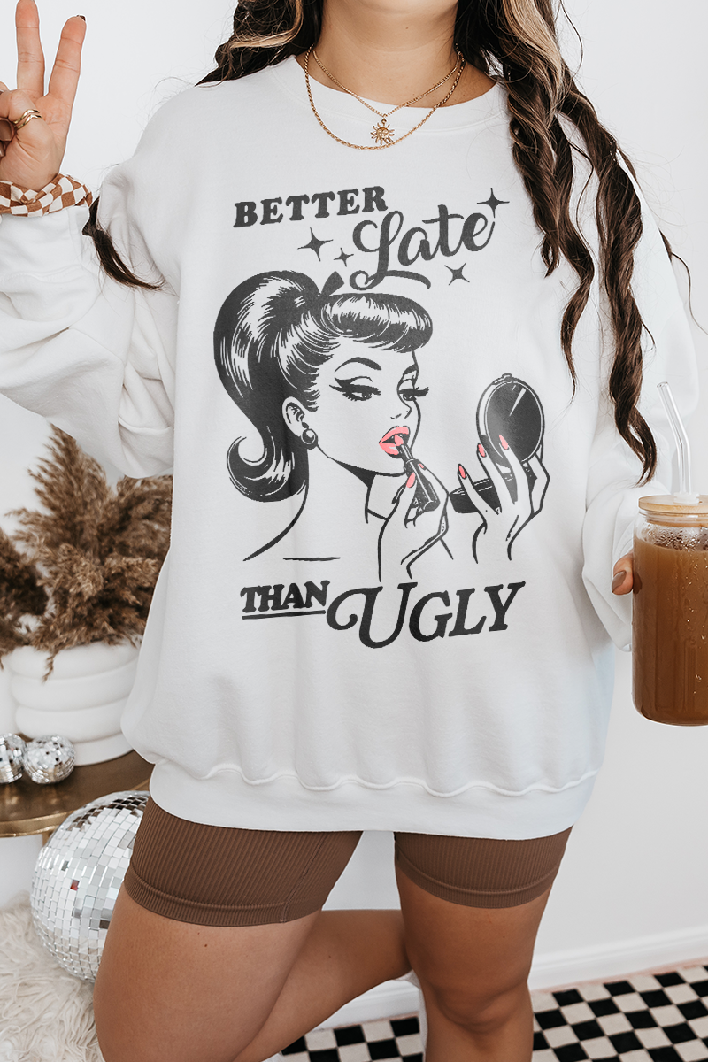 Bella Me – wholesale Sweatshirt med tryck - Dam – Vintage Better Late Crew Halsband3