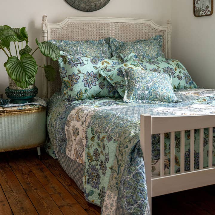 Cordelia Duck Egg Patchwork Bedspread for wholesale by Forever England / Millie Mae