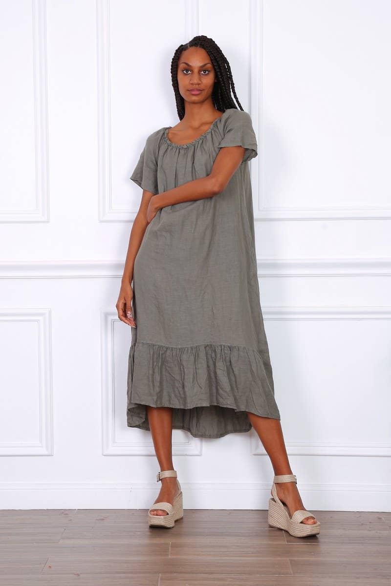 Happy look - Wholesale Dress - Women's - Long Linen Dress with Short Sleeves and Elastic Collar22