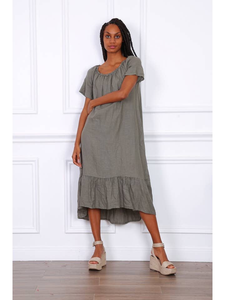 Happy look - Wholesale Dress - Women's - Long Linen Dress with Short Sleeves and Elastic Collar22