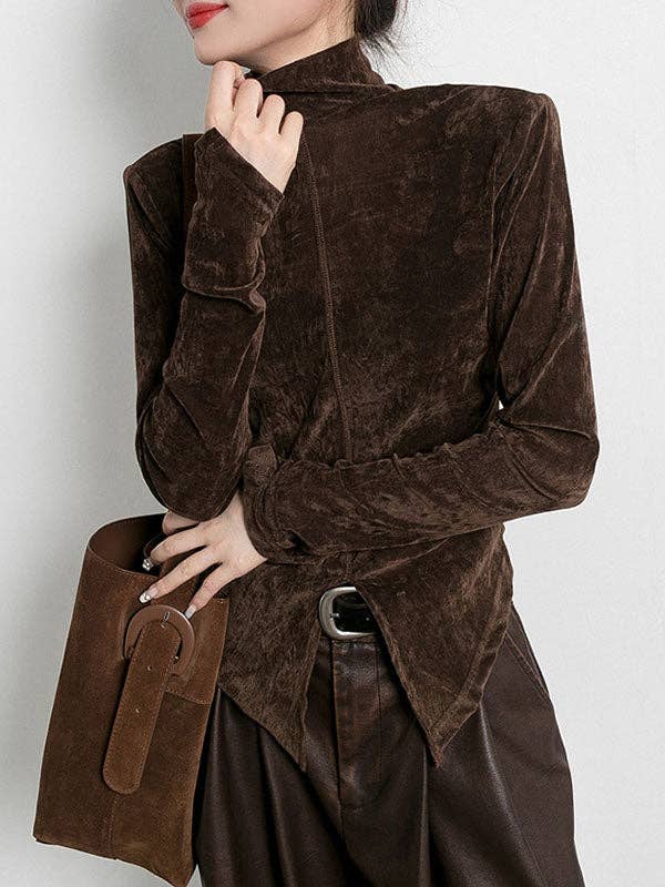 VividLux - Wholesale Blouse - Women's - High-Low Long Sleeves Solid Color Split-Front Velvet Mock Neck T-Shirts Tops5