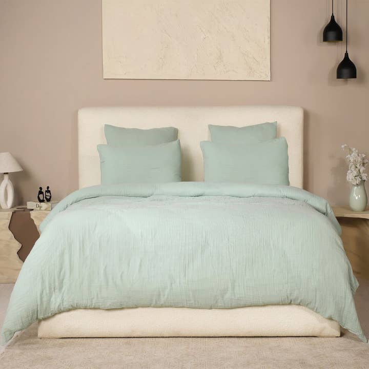 220x240 cm Bed Set Washed Cotton Gauze Frosted Green for wholesale by Housse De Rêve
