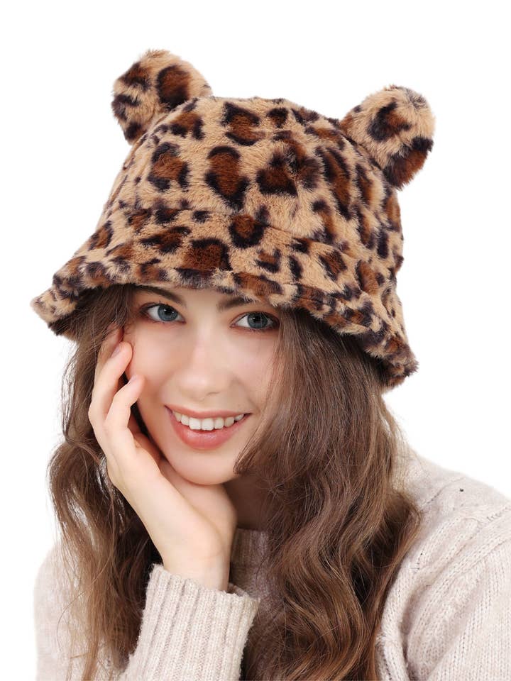 JCH308003 Brown Leopard Faux Fur Bear Bucket Hat for wholesale by JC Sunny Fashion