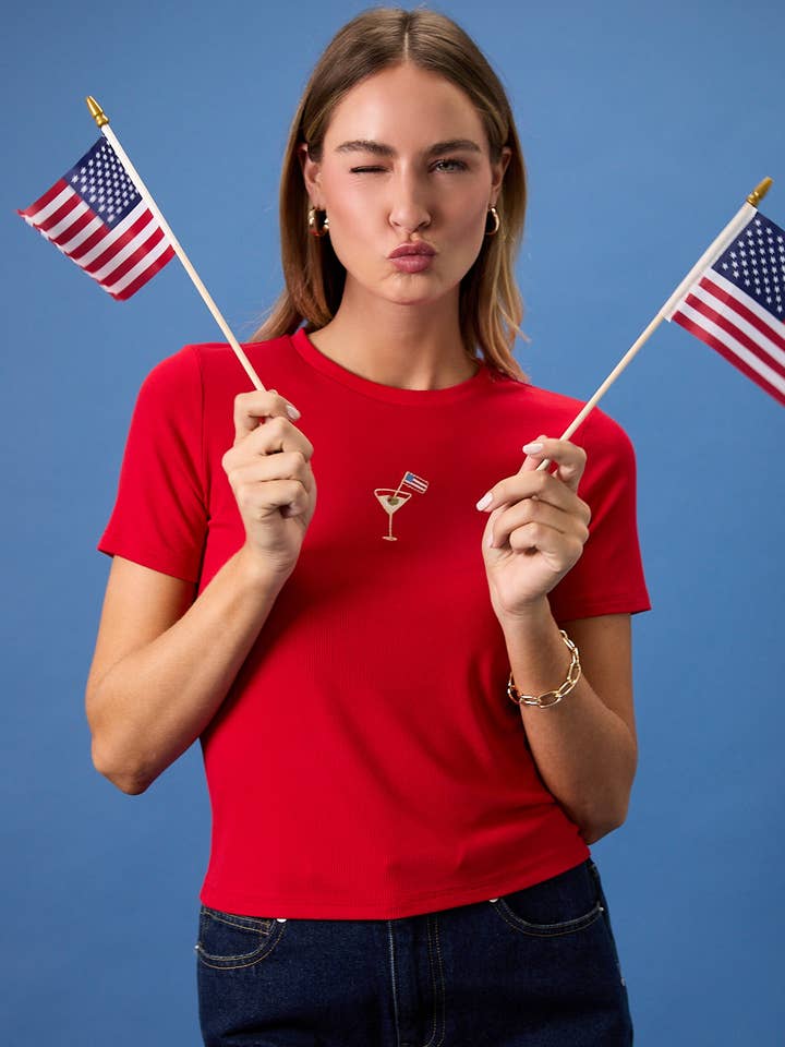 CREW NECK USA COCKTAIL EMBROIDERED RIBBED BABY TEE for wholesale by Sunday Edition