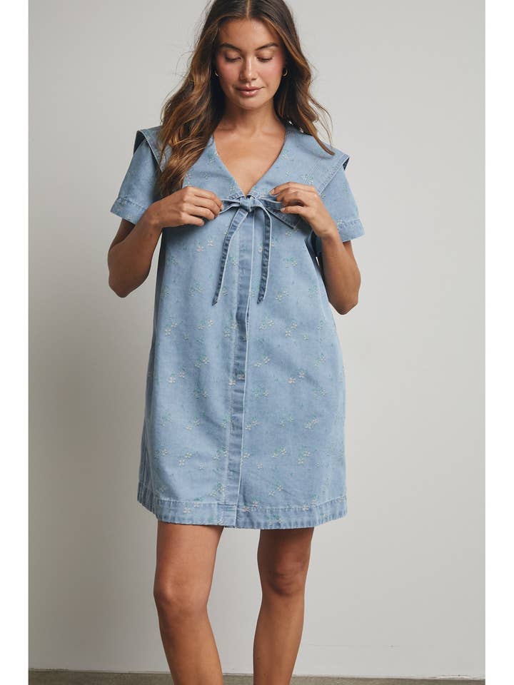 FLORAL PETER PAN COLLARED DENIM MINI DRESS / WL25-11328 for wholesale by Wishlist Apparel
