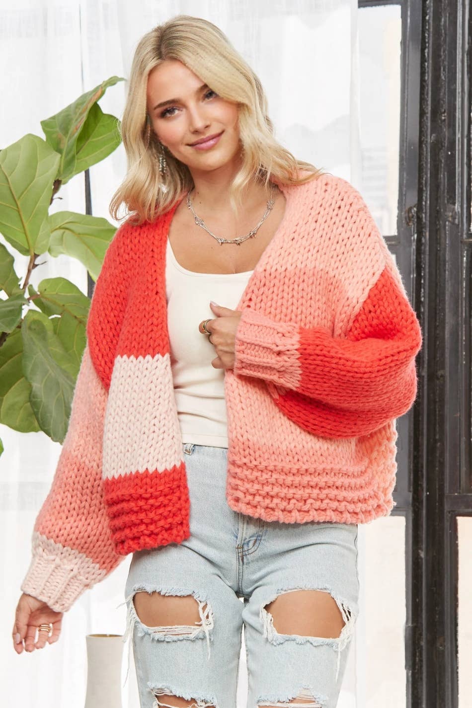 ADORA LA – Engroshandel Cardigan - Dame – CESW3935-FARVERIG STRIKKET CARDIGAN I BLOKKE2