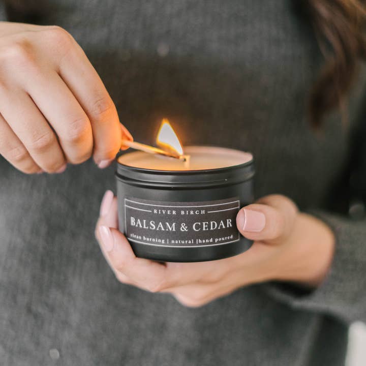 River Birch Candles - Wholesale Travel Candles - 8oz Balsam & Cedar - Black Tin Soy Candle4