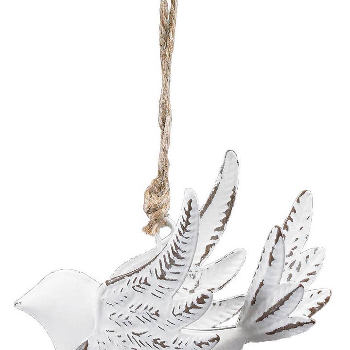 Silver Tree Home & Holiday - Wholesale Ornament - A41117: Stamped mtl 3D dove orn,distressed matte wht,3.5in0