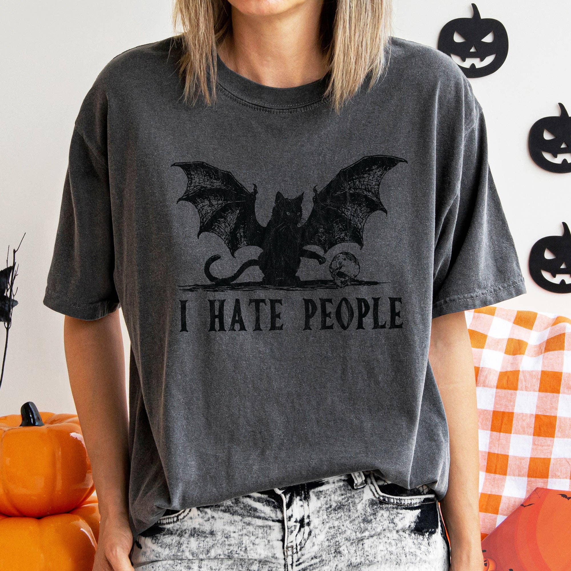 Refinery Number One LLC - Wholesale T-Shirt (Graphic) - Women's - I Hate People Cat Bat Retro Halloween T-shirt Black Print3