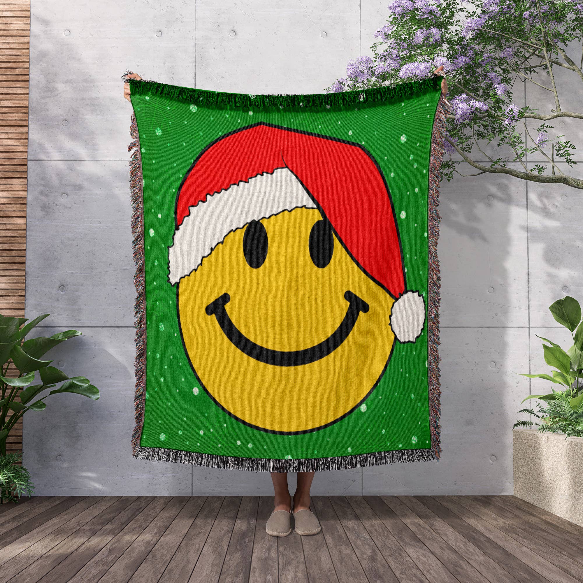 3dRose - Wholesale Throw Blanket - 3dRose, Christmas smiling face with red santa hat Happy smilie claus Green festive xmas merry jolly cartoon, Blanket2