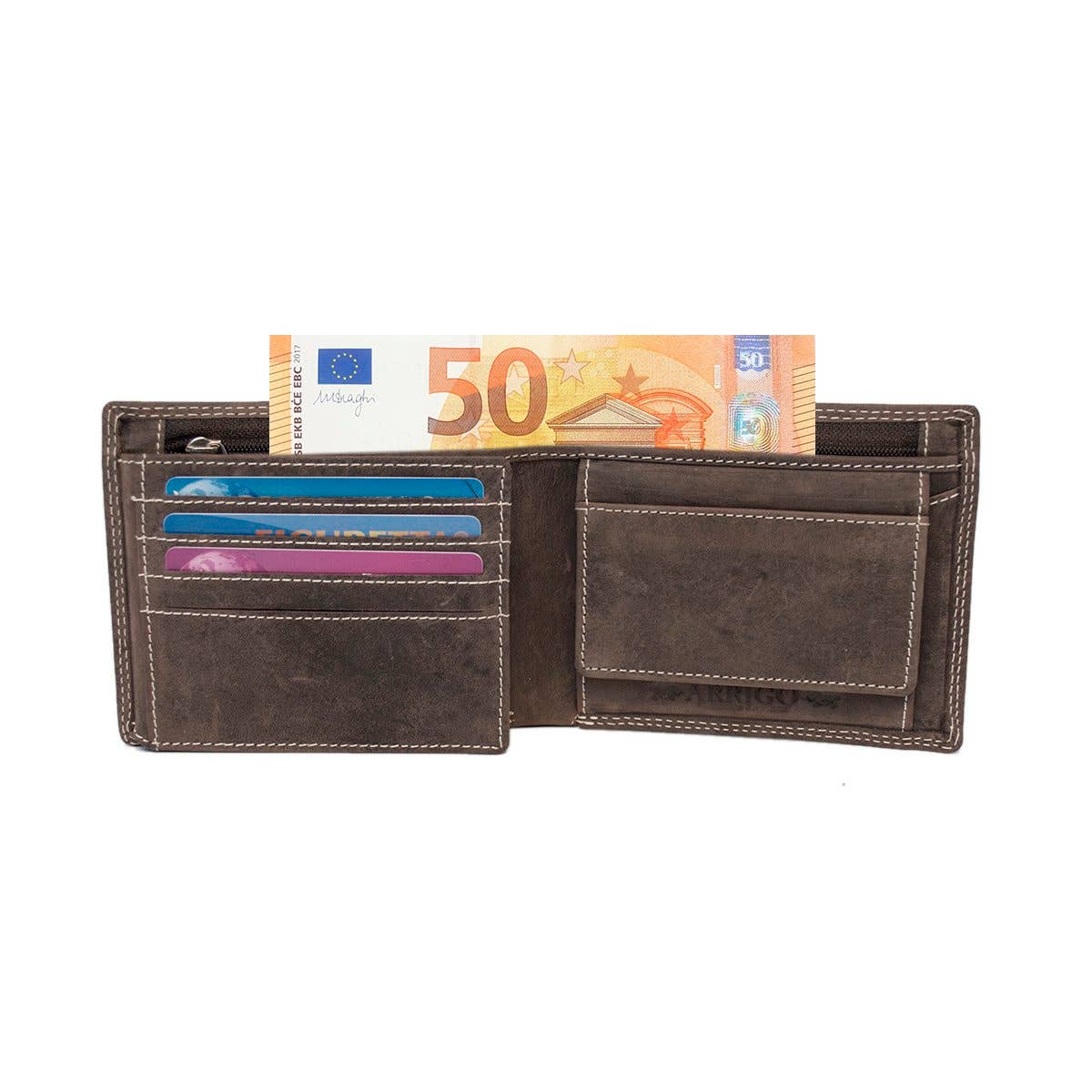 Arrigo - Wholesale Wallet - Men's - Men's Leather Wallet Dark Brown With Large Zipper Pocket0