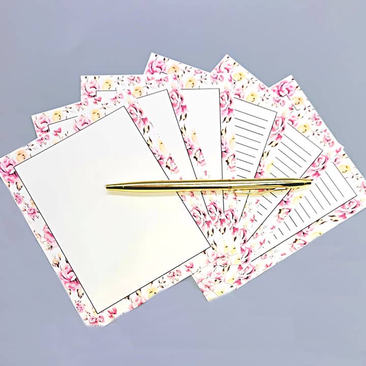 Chic Brico - Wholesale Stationery/Notecard Set - 42-Pc Stationery Gift Box Set w/Desk Organizer, Pink Roses
