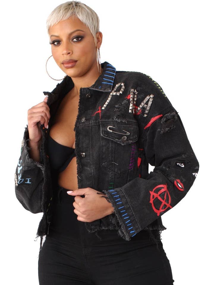 For Her NYC - Wholesale Denim Jacket - Women's - 81723P Denim graffiti ripped jacket plus size