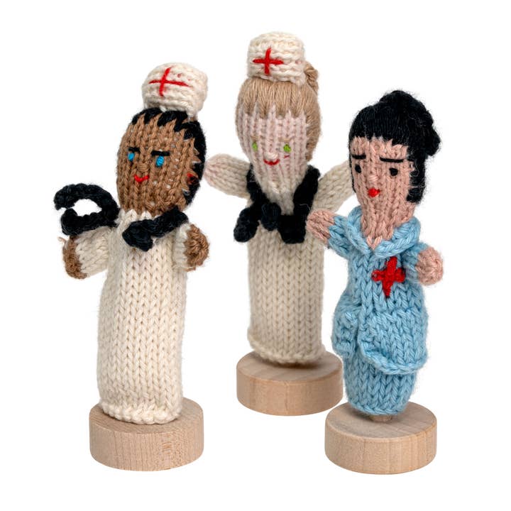 Female Nurse - Organic Cotton Finger Puppet - Natural Toy for wholesale by Lucuma Designs