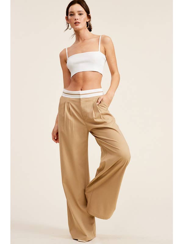 Mimosa - Wholesale Pants - Women's - Minimalistic Contrast Waistband Pleated Trouser Pants6